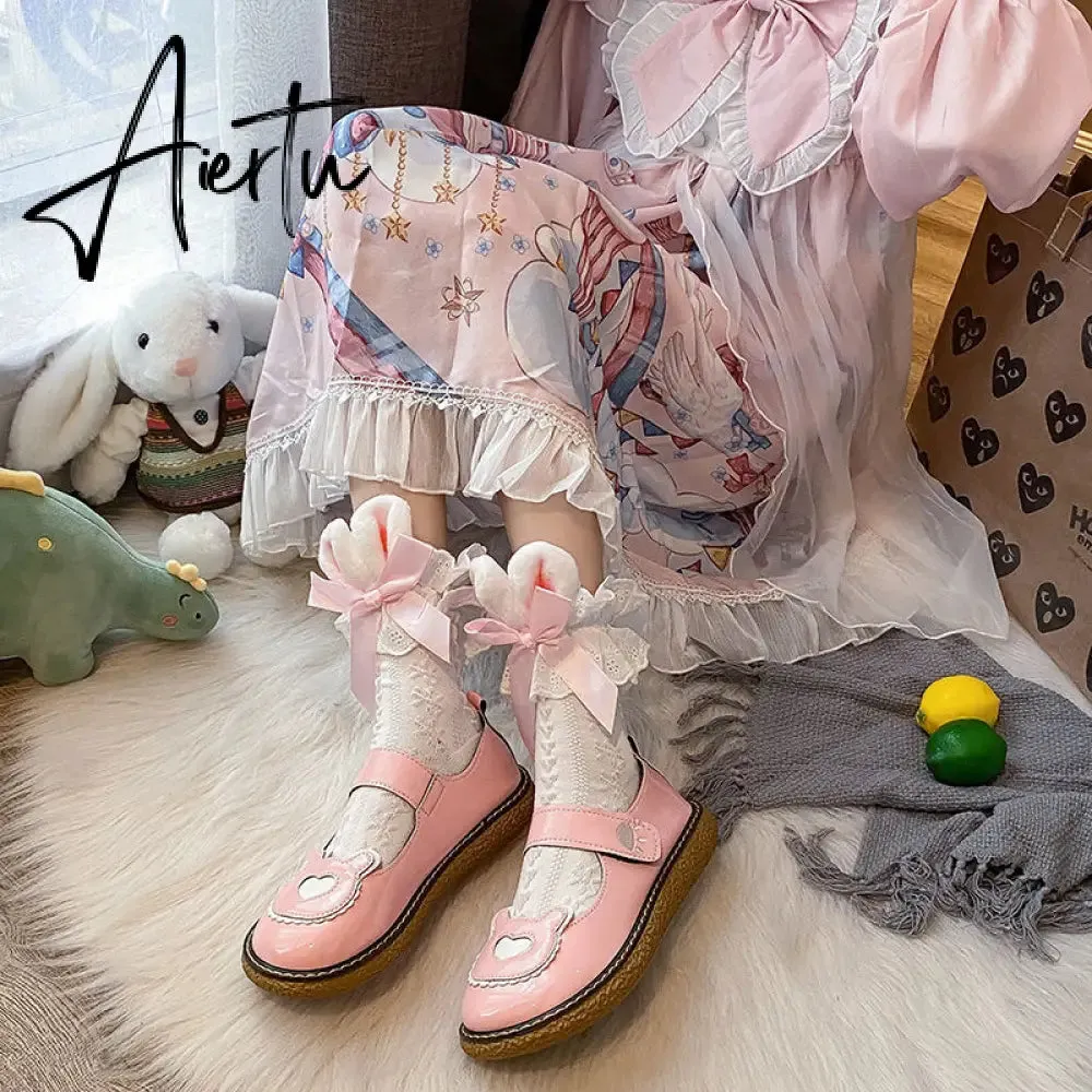 Aiertu  Kawaii Lolita Shoes Lovely Bear Patchwork Zapatillas Mujer Girls Mary Janes PU Japanese Style Student Footwear Sweet Shoes Woman