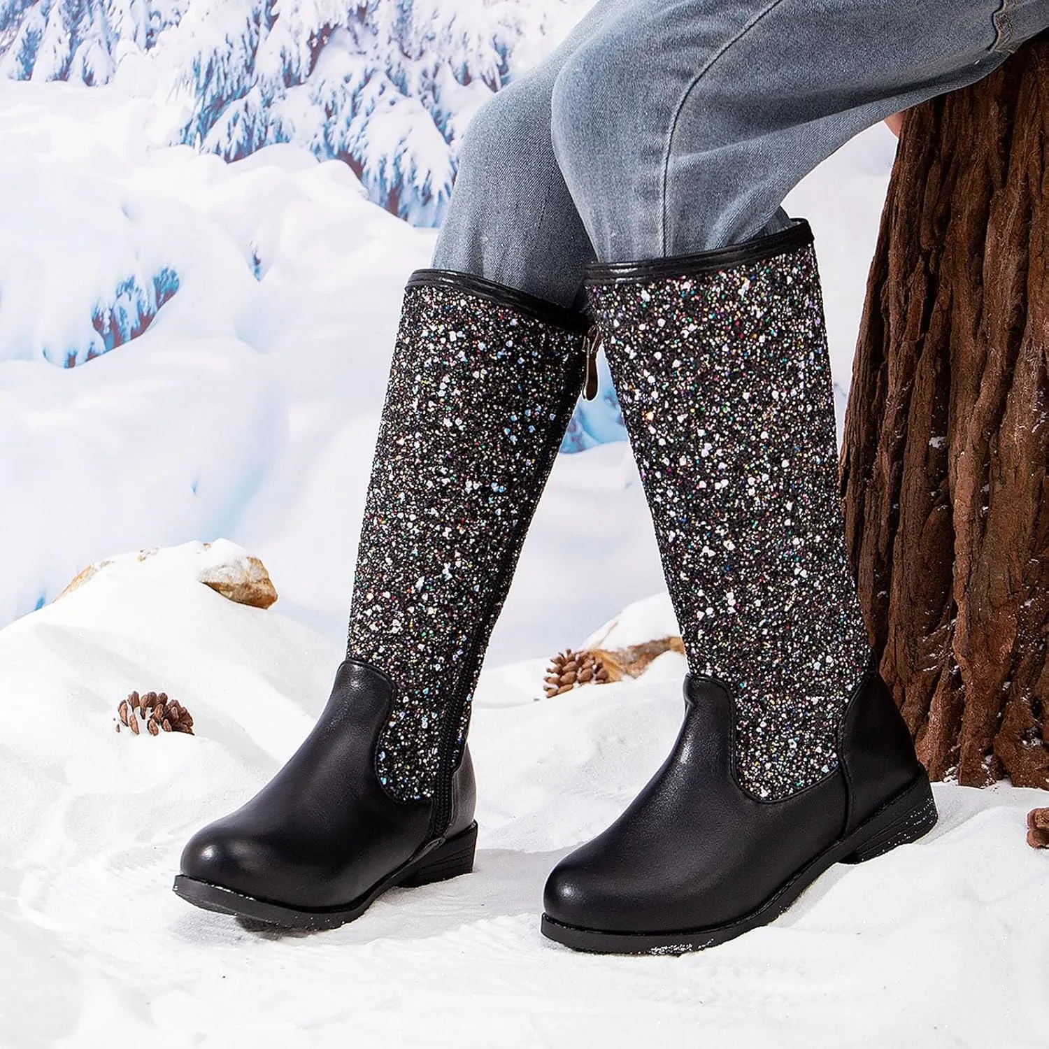 Girls Cowgirl Boots Mid Calf Square Toe Western Boot for Kids Glitter Cowboy Boots Party Snow Boots for Children Shoe