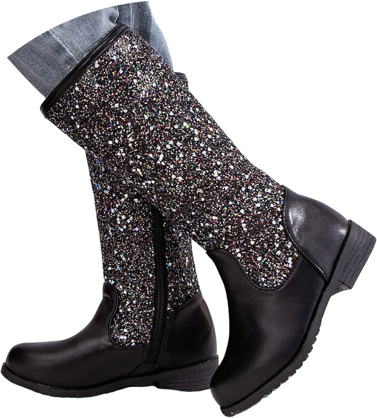 Girls Cowgirl Boots Mid Calf Square Toe Western Boot for Kids Glitter Cowboy Boots Party Snow Boots for Children Shoe