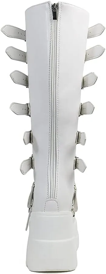 HINDOLA Women Platform Punk Goth Mid Calf Boots Chunky High Heel Round-Toe Back-Zip Knee High Motorcycle Booties Combat Boots
