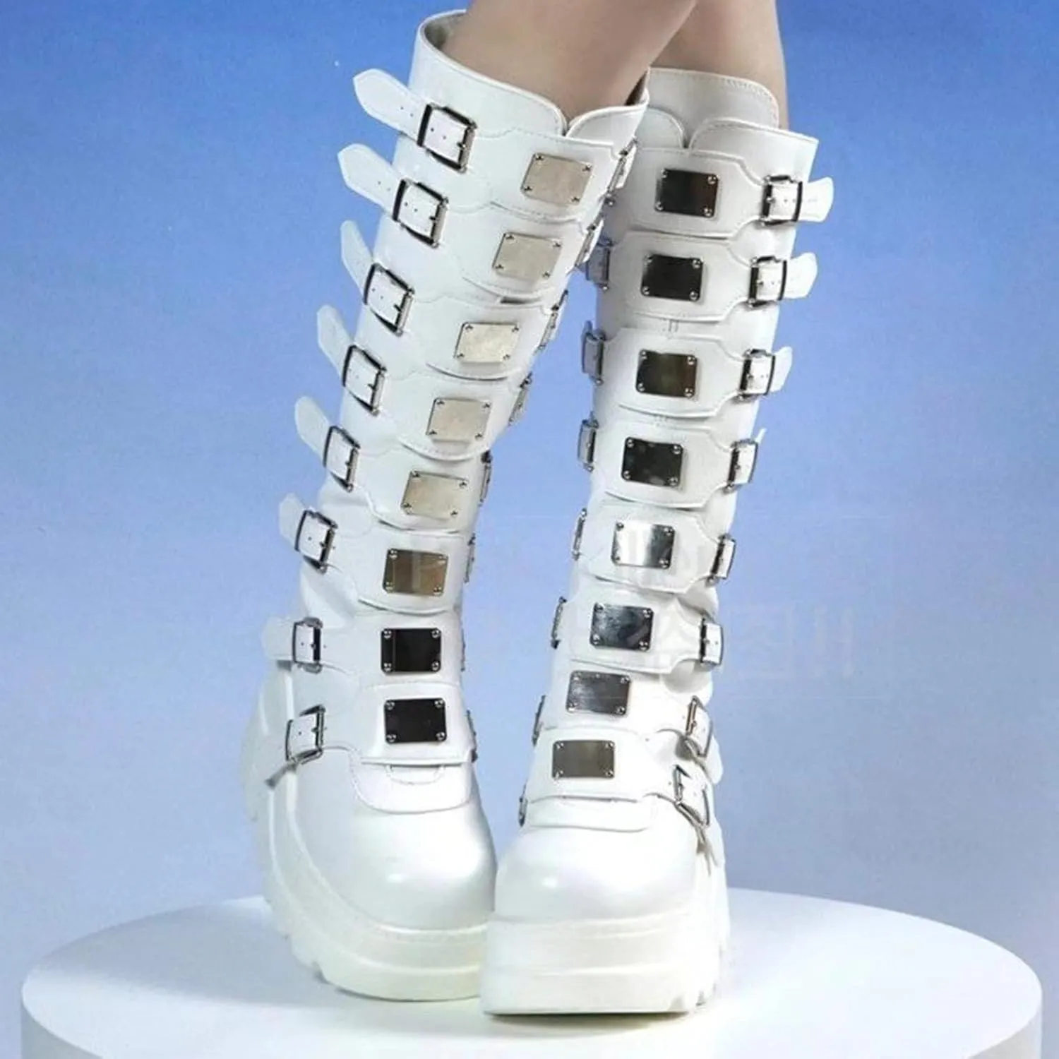 HINDOLA Women Platform Punk Goth Mid Calf Boots Chunky High Heel Round-Toe Back-Zip Knee High Motorcycle Booties Combat Boots