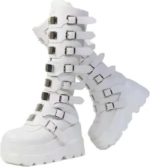 HINDOLA Women Platform Punk Goth Mid Calf Boots Chunky High Heel Round-Toe Back-Zip Knee High Motorcycle Booties Combat Boots