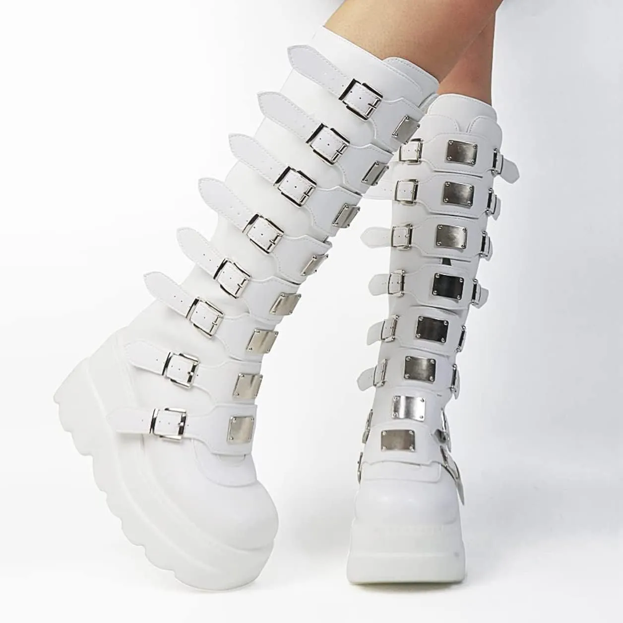 HINDOLA Women Platform Punk Goth Mid Calf Boots Chunky High Heel Round-Toe Back-Zip Knee High Motorcycle Booties Combat Boots