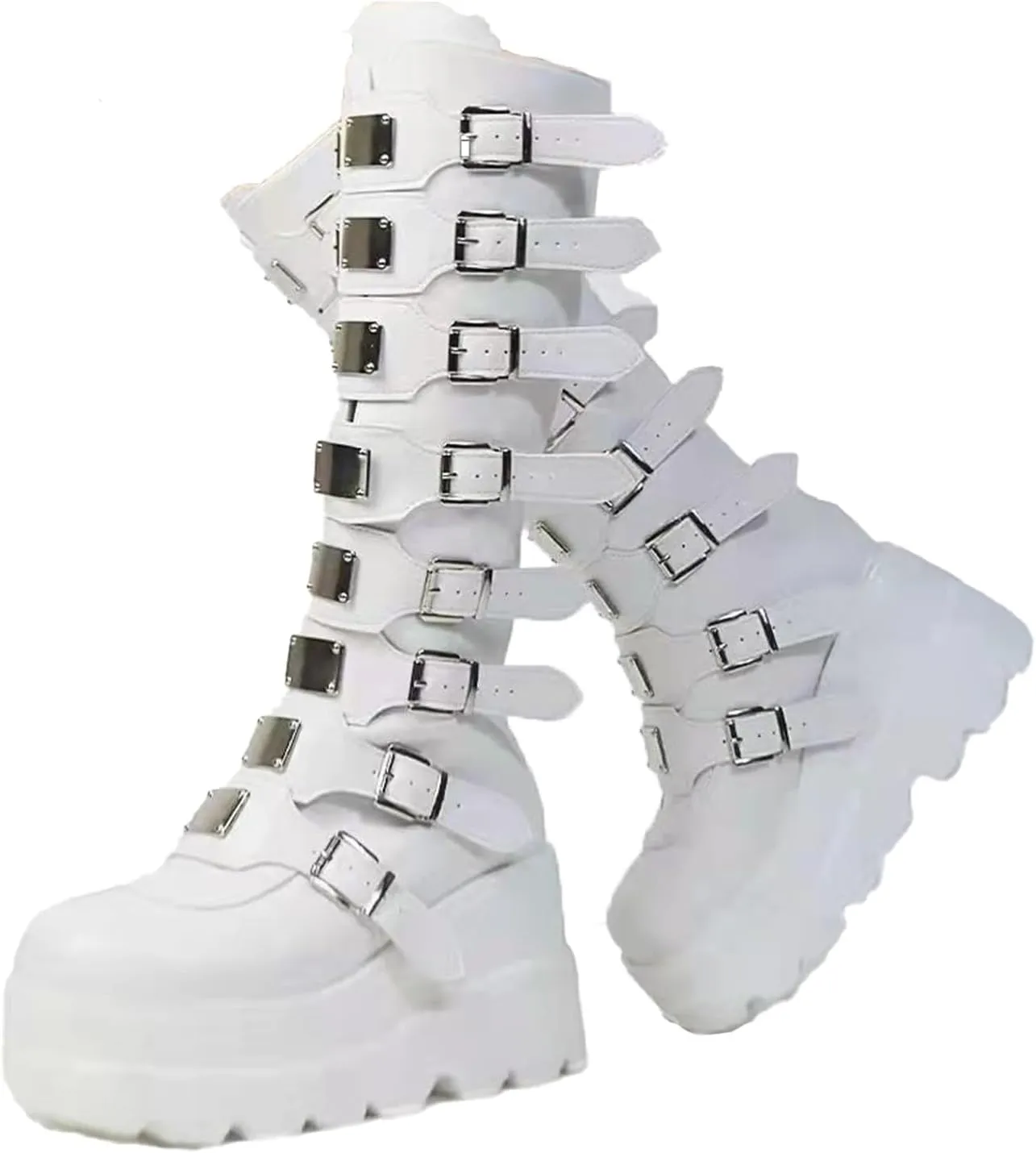 HINDOLA Women Platform Punk Goth Mid Calf Boots Chunky High Heel Round-Toe Back-Zip Knee High Motorcycle Booties Combat Boots