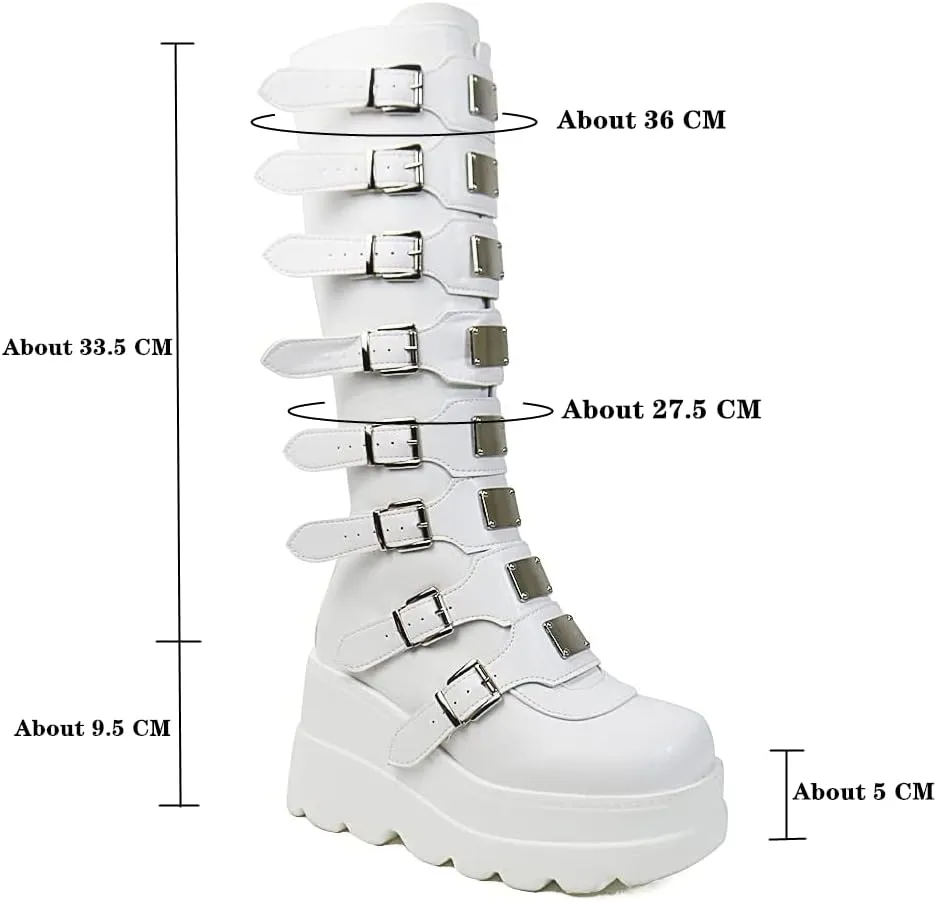 HINDOLA Women Platform Punk Goth Mid Calf Boots Chunky High Heel Round-Toe Back-Zip Knee High Motorcycle Booties Combat Boots