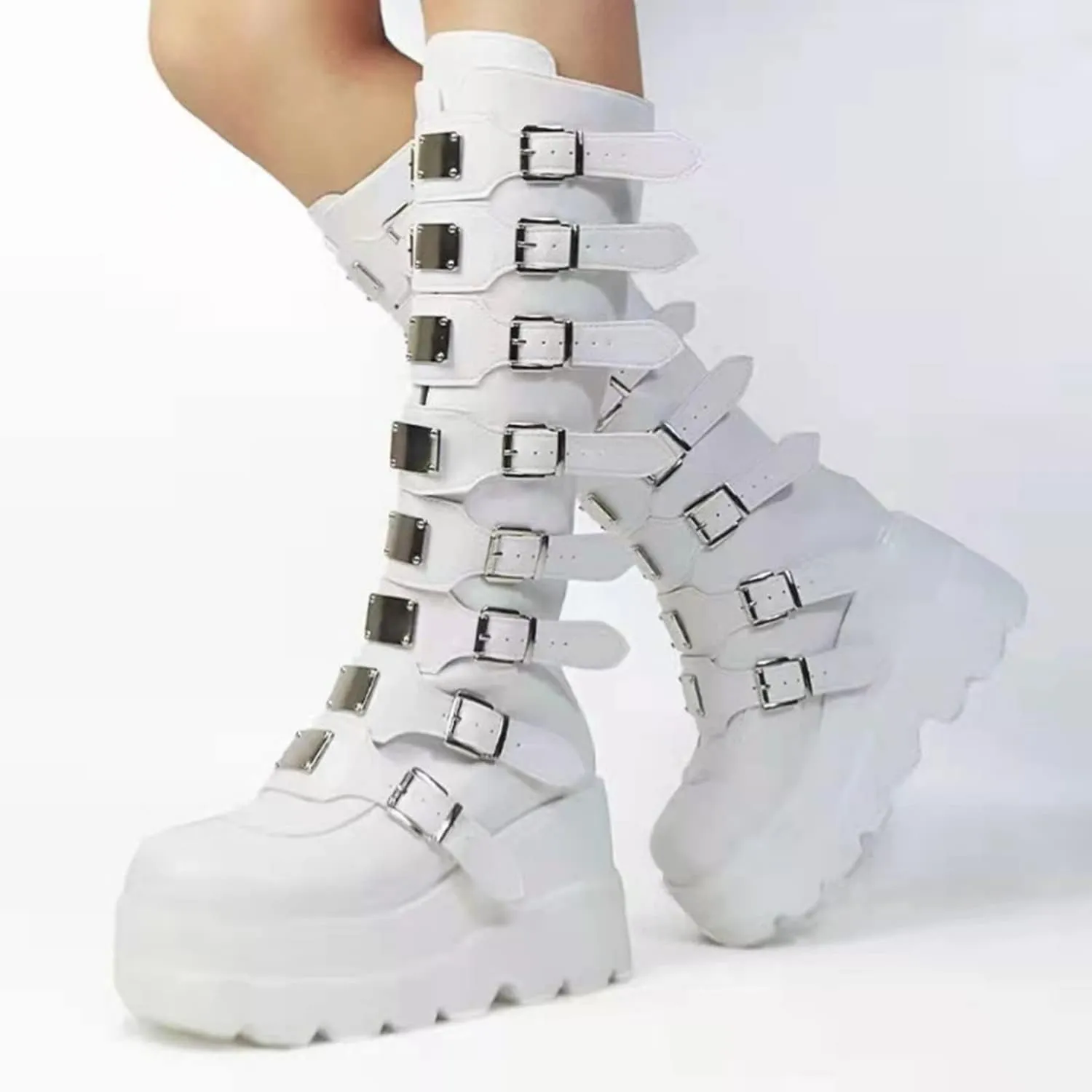 HINDOLA Women Platform Punk Goth Mid Calf Boots Chunky High Heel Round-Toe Back-Zip Knee High Motorcycle Booties Combat Boots