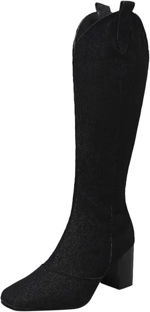 Ladies Cowboy Fashion Vintage Boots Pointed Toe Low Heel Side Zipper Knee Boots Knee High Boots 12w Women Wide Calf (Black, 8)