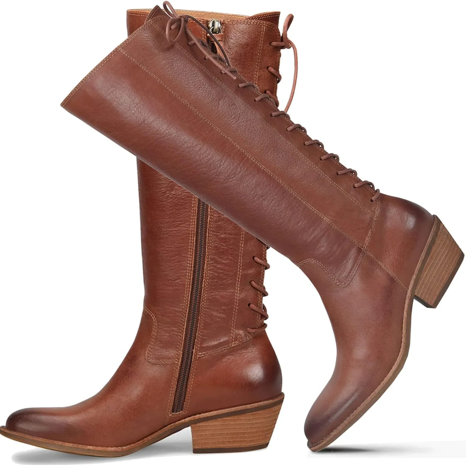 LEHOOR Women Vintage Low Stacked Heel Knee High Western Boots Lace Up Round Toe 1.5" Chunky Heel Knee High Riding Boots Side Zipper Burnished Suede Slouch Winter Boot Tall Chic Retro Holiday 4-11 M US