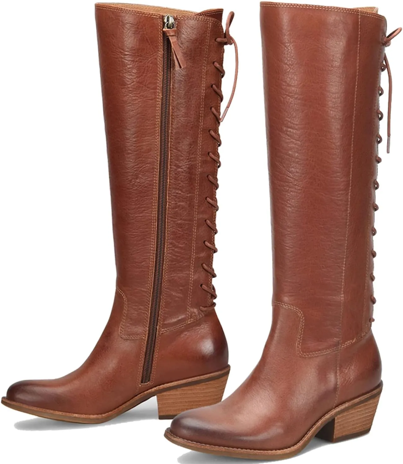 LEHOOR Women Vintage Low Stacked Heel Knee High Western Boots Lace Up Round Toe 1.5" Chunky Heel Knee High Riding Boots Side Zipper Burnished Suede Slouch Winter Boot Tall Chic Retro Holiday 4-11 M US