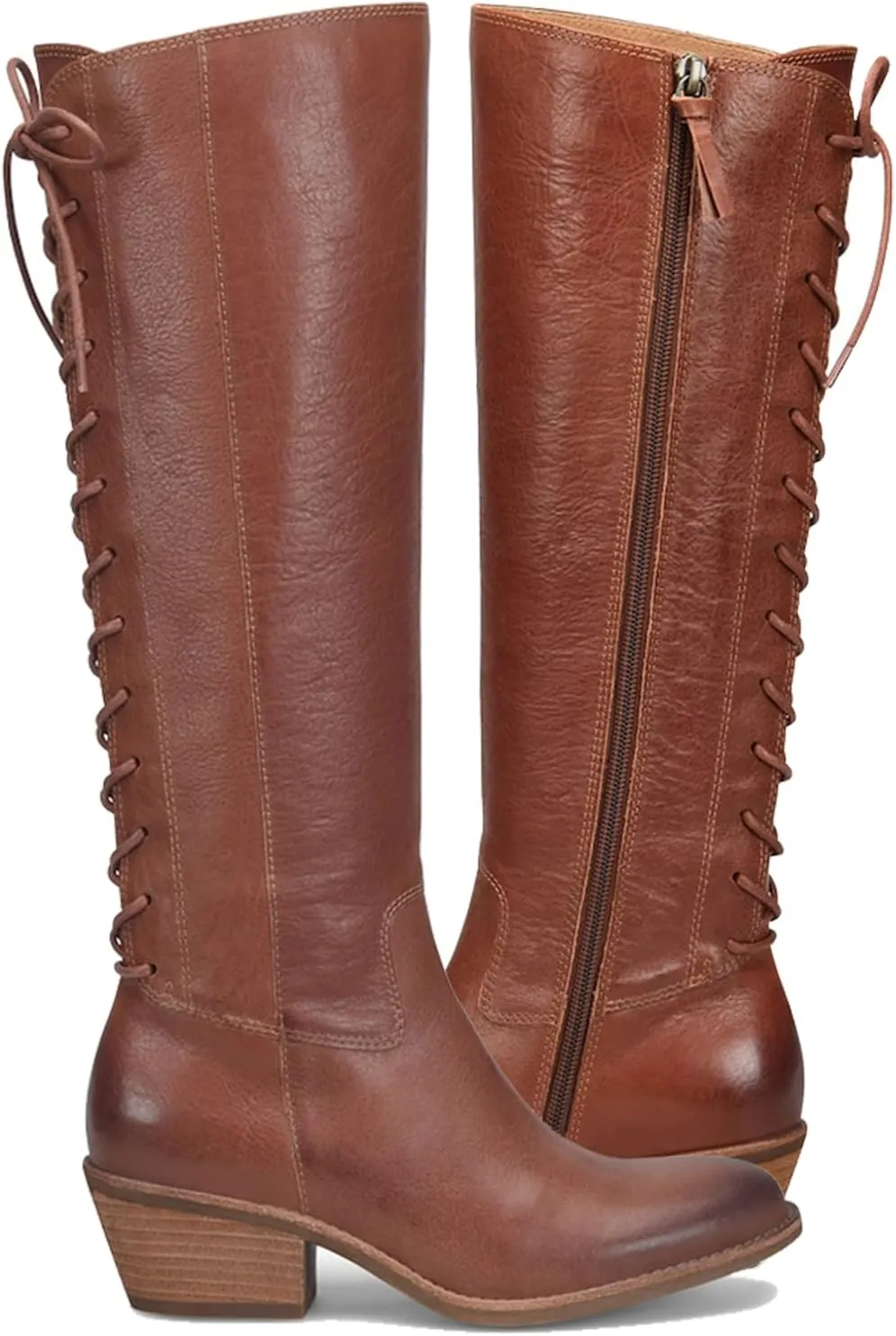 LEHOOR Women Vintage Low Stacked Heel Knee High Western Boots Lace Up Round Toe 1.5" Chunky Heel Knee High Riding Boots Side Zipper Burnished Suede Slouch Winter Boot Tall Chic Retro Holiday 4-11 M US
