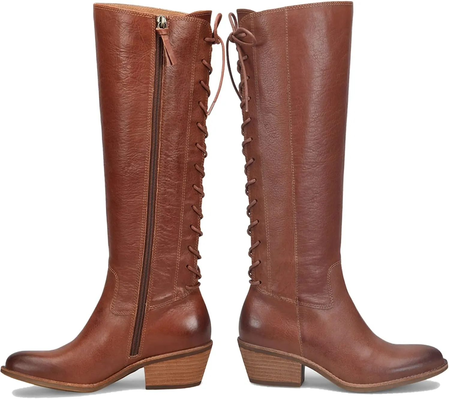 LEHOOR Women Vintage Low Stacked Heel Knee High Western Boots Lace Up Round Toe 1.5" Chunky Heel Knee High Riding Boots Side Zipper Burnished Suede Slouch Winter Boot Tall Chic Retro Holiday 4-11 M US