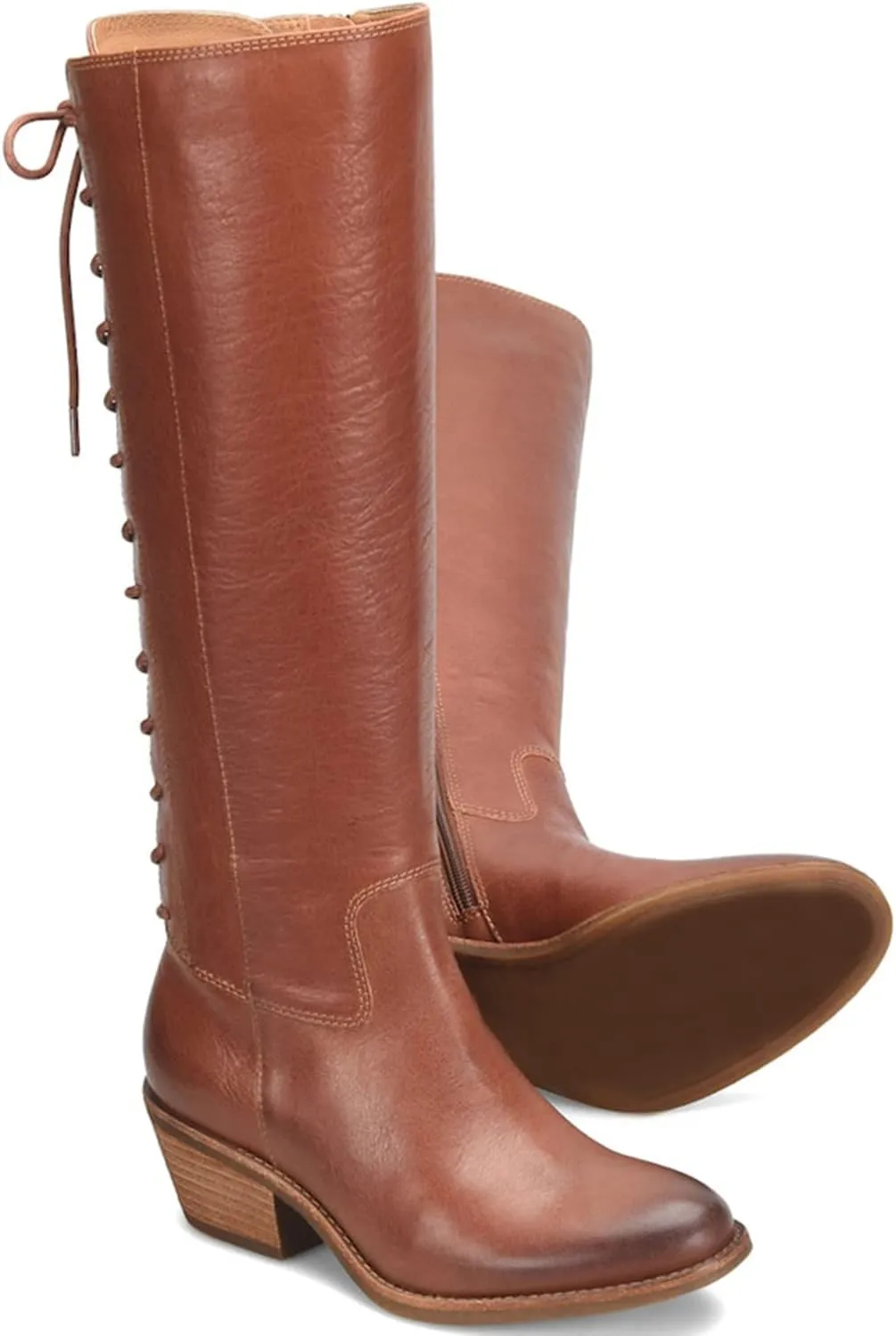 LEHOOR Women Vintage Low Stacked Heel Knee High Western Boots Lace Up Round Toe 1.5" Chunky Heel Knee High Riding Boots Side Zipper Burnished Suede Slouch Winter Boot Tall Chic Retro Holiday 4-11 M US