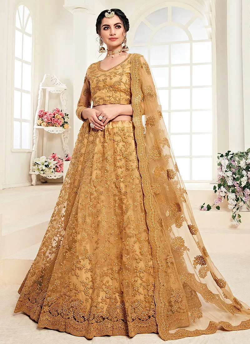 Mustard Yellow Pearl Embroidered Wedding Lehenga Choli