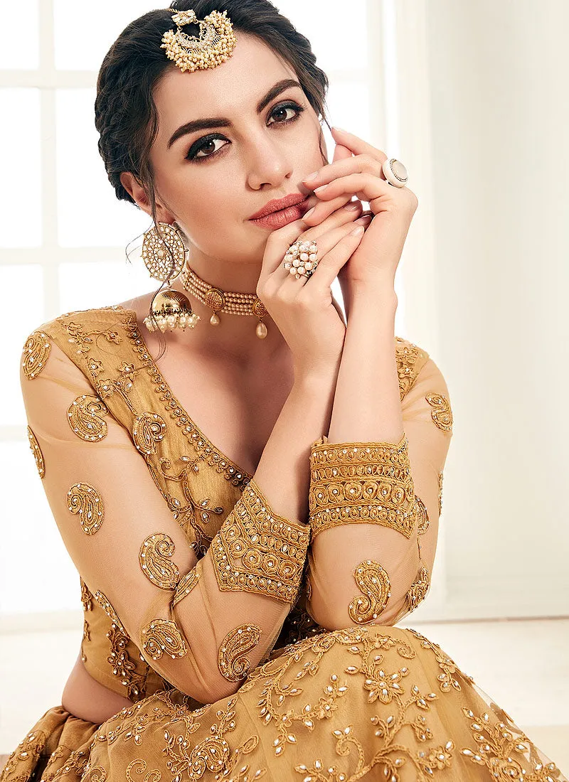 Mustard Yellow Pearl Embroidered Wedding Lehenga Choli