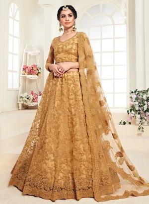 Mustard Yellow Pearl Embroidered Wedding Lehenga Choli
