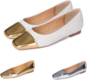 SHODENSE Women Cap Toe Flats Metallic Slip On Ballet Flats Square Closed Toe Comfortable Two-Toned Dress Flats Colorblock Flat Heel Work Shoes Office Ladies Patchwork Bridal Wedding Casual 4-13 M US