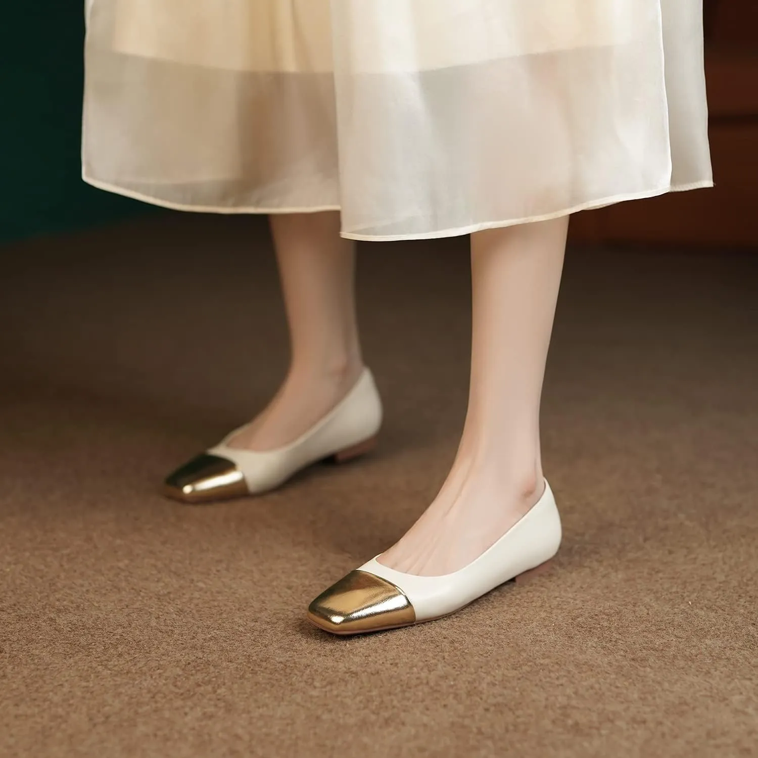 SHODENSE Women Cap Toe Flats Metallic Slip On Ballet Flats Square Closed Toe Comfortable Two-Toned Dress Flats Colorblock Flat Heel Work Shoes Office Ladies Patchwork Bridal Wedding Casual 4-13 M US