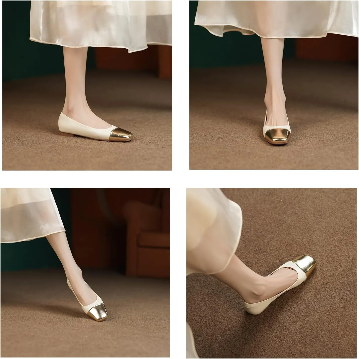 SHODENSE Women Cap Toe Flats Metallic Slip On Ballet Flats Square Closed Toe Comfortable Two-Toned Dress Flats Colorblock Flat Heel Work Shoes Office Ladies Patchwork Bridal Wedding Casual 4-13 M US