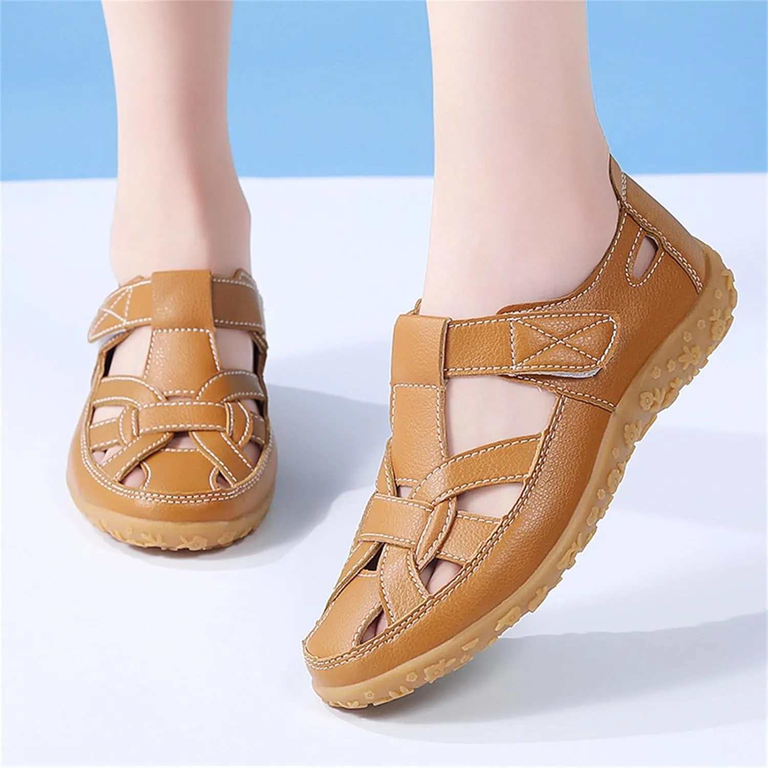 Women's Hollow Casual Shoes Leather Soft Bottom Sandals Comfortable Lightweight Non Slip Breathable Orthopedic Beach Shoes Closed Toe Summer Sneakers