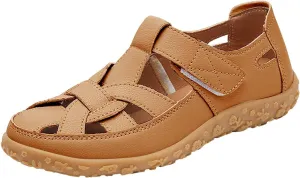 Women's Hollow Casual Shoes Leather Soft Bottom Sandals Comfortable Lightweight Non Slip Breathable Orthopedic Beach Shoes Closed Toe Summer Sneakers