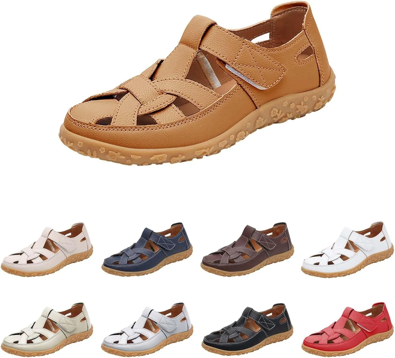 Women's Hollow Casual Shoes Leather Soft Bottom Sandals Comfortable Lightweight Non Slip Breathable Orthopedic Beach Shoes Closed Toe Summer Sneakers
