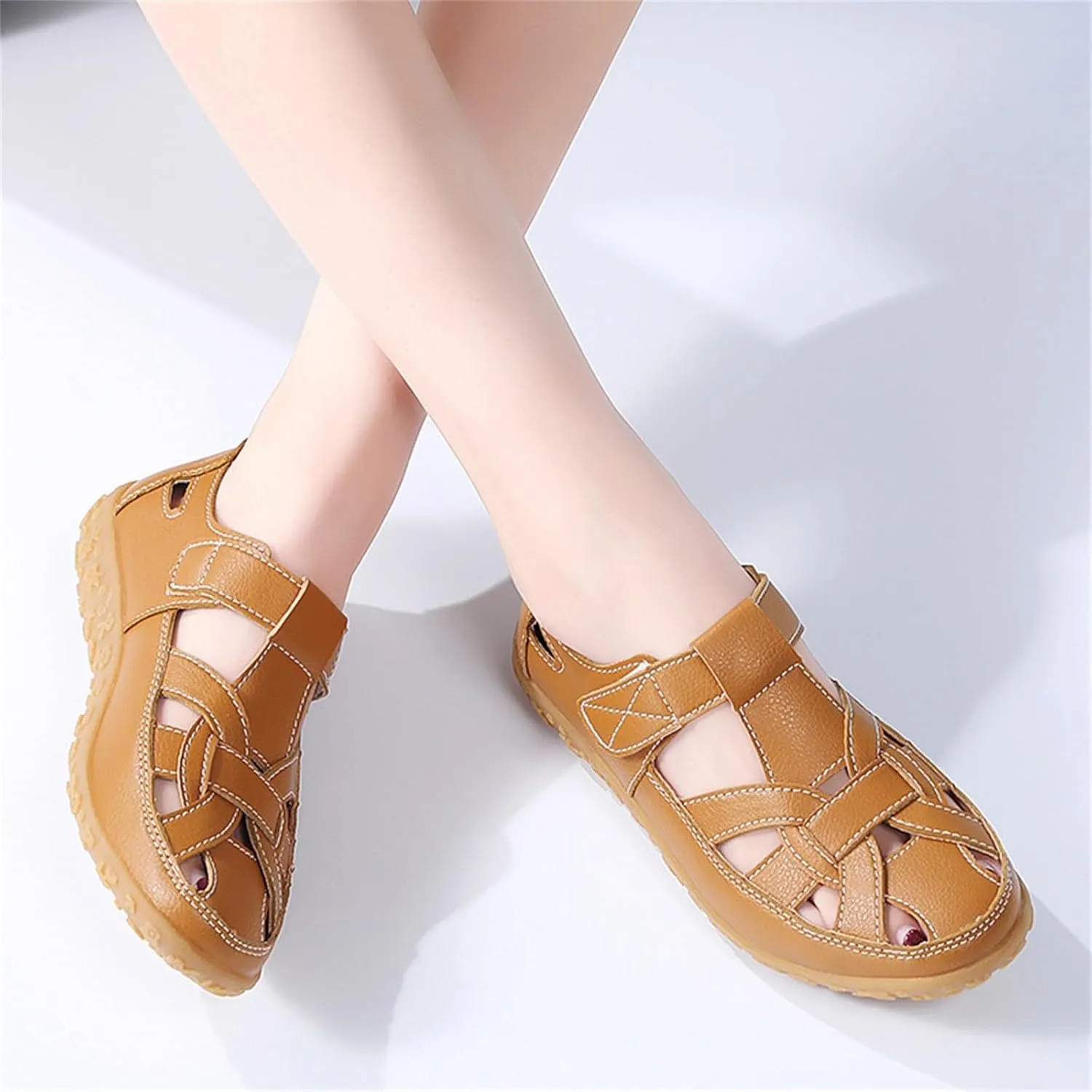 Women's Hollow Casual Shoes Leather Soft Bottom Sandals Comfortable Lightweight Non Slip Breathable Orthopedic Beach Shoes Closed Toe Summer Sneakers