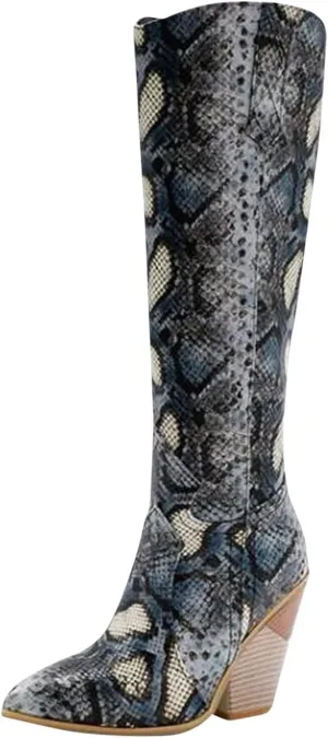 Womens Knee High Snakeskin Boots - Sexy Snake Print Pointed Toe Side Zipper Chunky High Heel Long Boots Casual Trendy Ladies Stack Heels Shoes