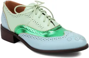 Women's Perforated Lace Up Low Heel Block Oxfords Round Closed Toe Patchwork Color Wingtip Flats Pumps Comfortable Brogue Derby Saddle Shoes