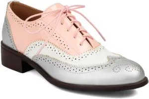 Women's Perforated Lace Up Low Heel Block Oxfords Round Closed Toe Patchwork Color Wingtip Flats Pumps Comfortable Brogue Derby Saddle Shoes